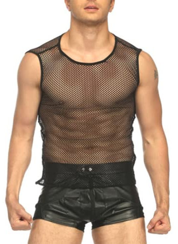 Camiseta Mangas Rejilla para Hombre Fishnet Camiseta Interior Tank Top Gym Clubwear Verano Negro (Size:L,Color:Negro)