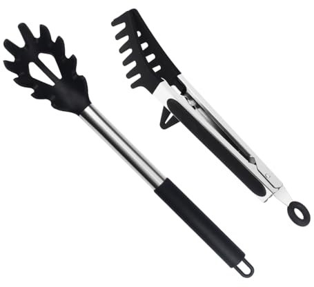 LiangYuanZen 2er Set Spaghettilöffel aus Edelstahl，nudellöffel，Antihaft-Silikonlöffel, Nudelkelle und Pastazange，Spaghetti-Löffel und Nudelzange, Spaghettizange, Lebensmittelclip für Spaghetti-Nudeln