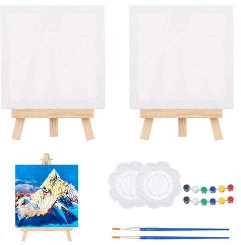2 Sätze Mini Leinwand, Leinwand Klein, Mini Staffelei Set Mit Staffelei, Pinsel & Farben, Pack für Kreativität Zu Hause, Schule & Reisen, Pack für Kreativität Zu Hause & Unterwegs