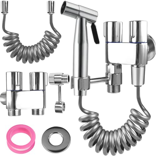 MI CASA Handheld Bidet Sprayer for Toilet, Stainless Steel Bidet Sprayer Kit with 1-in-2-out Dual Control Valve Faucet and Hose or Feminine Wash, Baby Diaper Cloth Washer and Washing Pets, Silver