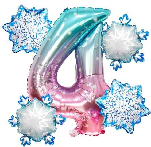 Folienballon 4 Jahre 5 Stück Schneeflocken Luftballon Snowflake Ballon 4. Geburtstag Schneeflocken Geburtstagsdeko für Mädchen Kindergeburtstag