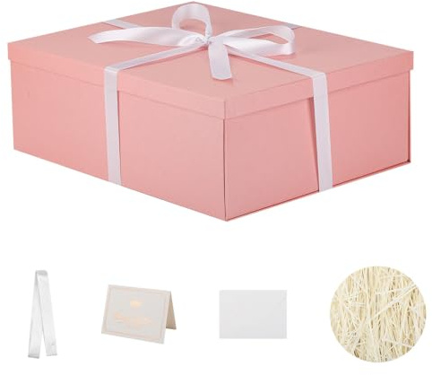 KdmNzoo Scatola regalo con coperchio, 42 x 32 x 15,5 cm, taglia XXL, confezione regalo con fiocchi, biglietti di auguri, Raffia Hamper Shreds per rosa