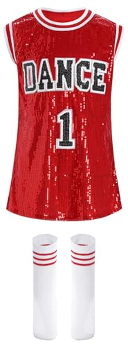 Manyakai Traje de Baile Moderno para Niñas con Lentejuelas y Bordados Letras Vestido Baile de Jazz Hip-Hop de sin Mangas con Calcetines de Rayas Rojo 13-14 años