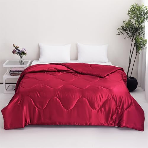 Odot Bettdecke Ohne Bezug Sommer, 4,5 Tog Satin Bettdecke Ohne Bezug Dünne Nutzbar Sommerbettdecke Leicht Doppelseitige Sommerdecke für Bett Sofa (Weinrot,155 * 220cm)