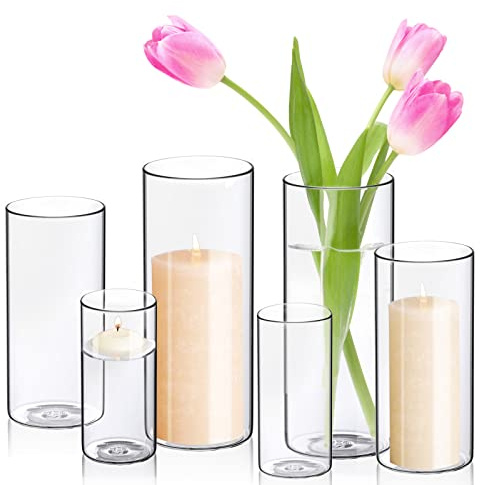 Blumenvase Glas 6er Set, 25cm 20cm 15cm Säule Votivkerze schwimmende Kerzenhalter, Klarglasvase für Hochzeit Party Home Dekorationen