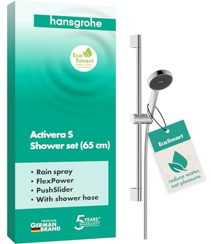 hansgrohe Activera S - Set de douche avec pommeau de douche (max. 8 l/min, EcoSmart, 1 type de jet), tuyau de douche (1,60 m) et barre de douche (0,65 m), Chromé, 28041000