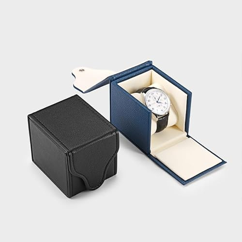 Papten Blau Leder Uhrenbox Quadratisch 9,5×9,5×9,5cm Reiseaufbewahrung | Blau Leder-Uhrenbox mit Samtkissen, kompakt 9,5×9,5×9,5cm leicht, schützt Uhren vor Staub & Kratzern für Heim
