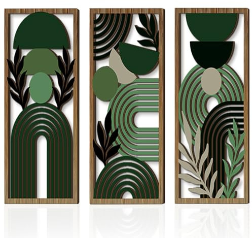 Onperpoe 3 stycken boho abstrakt väggkonst, Mid Century minimalistiska moderna bilder, modern lätt träväggdekoration, abstrakta geometriska träväggmålningar för vardagsrum sovrum hall, 30 x 15 cm