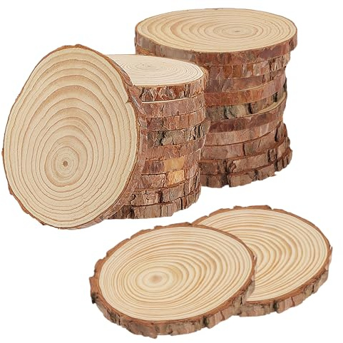 SEUICYNE 22 Stücke Natürliche Baumscheiben, 10-12cm Holzscheiben, Baumstamm Scheiben mit Rinde, Runde Naturholz Baumscheiben, Unbearbeitete Holz Log Scheiben Deko für DIY Handgemacht Dekoration