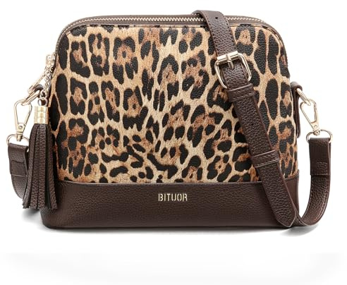 BITUOR Women's Cross Body Bags Leopard print bag for Women Leather Shoulder Handbag With 2 Zip Compartments Fashion Tassel Decoration with Adjustable Strap