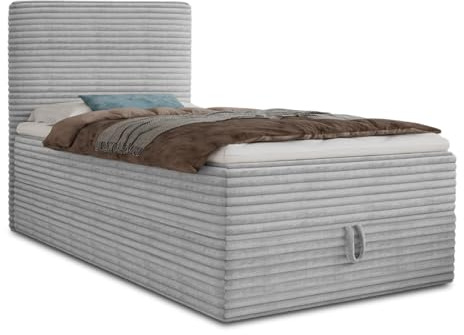 Sofnet Boxspringbett Mollo Mini mit Bettkasten und Matratzentopper - Einzelbett mit Bonell-Matratze und Topper, Polsterbett in weichem Cordstoff, Bett, Schlafzimmer (Grau (Tilia 86), 120 x 200 cm)
