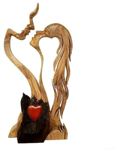 Holz-Skulptur Liebespaar, küssendes Ornament, handgefertigtes Kunstwerk für Heimdekoration und romantisches Ambiente