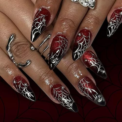 Halloween Nails - Dark Red Press On Nails With Silver Metal Spider Web - Glitter Short Almond False Nails With Glue - Vampire Burgundy Stick On Nail Art For Women Party Cosplay Diy Decoration