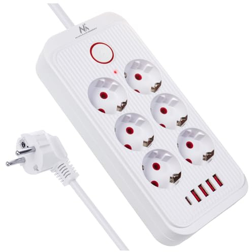 Maclean MCE389/391 grenuttag | 6 kontakter 4 x USB 1 x USB-C 2500 W | Skrivbordsförlängningskabel med strömbrytare | 45°-portar | Väggmontering (vit, 1,5 m)