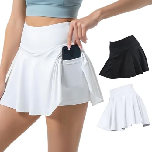 ADASTONE 2-teiliges Damen-Tennisrock-Set, Rock mit integrierter Hose, Golf-Sportrock mit hoch tailliertem Skort, schwarz & weiß, Größe L für Sport & Alltag