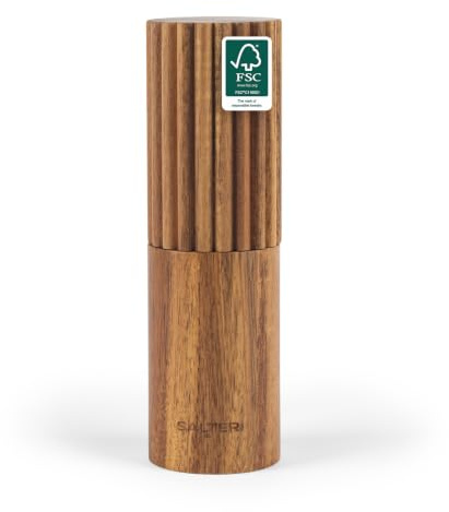Salter Eden Pepper Mill, 18 Cm, Acacia Wood | Steel grinding mechanism, adjustable fine to coarse grind, ribbed grip texture, pairs with Eden salt mill, 5-year guarantee