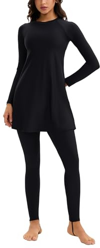 OBEEII Muslimische Bademode Damen Islamische Burkini Volllänge Badeanzug Langarm Schwimmen Top Hosen Hijab 3tlg Bescheiden Schwimmanzug Schwarz M