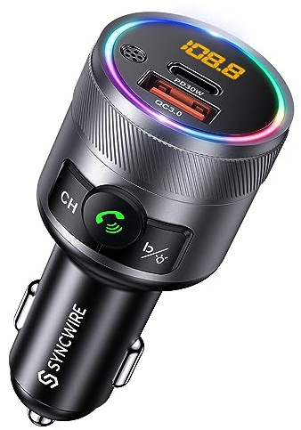 SYNCWIRE Bluetooth Adapter Auto 5.4, FM Transmitter Auto Bluetooth | 38W Dual-USB Schnellladen mit PD & QC3.0, Bass Boost, Mikrofon, Kabelloser Radio-Musikadapter