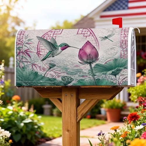 Fundas magnéticas para buzón, diseño de colibrí, lirio de agua natural asiático, libélula, primavera, color verde, para decoración al aire libre, 21 x 25.5 pulgadas