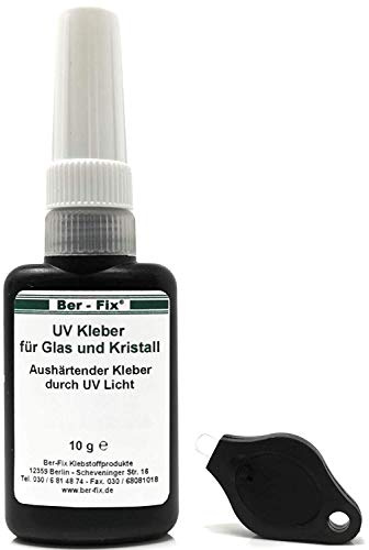 Ber-Fix UV Kleber mit Lampe Set DER Glaskleber für Glas Glas und Glas Metall 10g Mittelviskos 500mPas Glas Reparatur Set praktisch mit UV Lampe klein