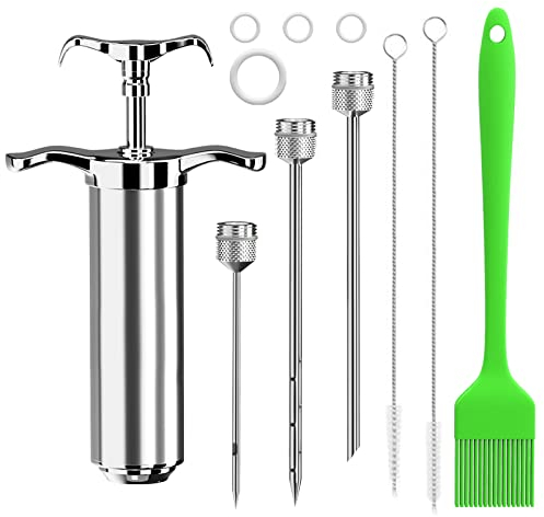 Turkey baster,Meat Injector,with 3 Marinade Injector Needles 4 Spare O-Rings and 2 Cleaner Brush,Meat Injector Syringe for BBQ Meat Beef Chicken Pastry(Silver)