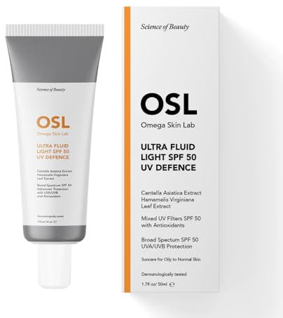 OSL Cream Ultra Fluid Light SPF 50 UV Defence 50 ml, Feuchtigkeitscreme fürs Gesicht für fettige bis normale Haut, erweiterter Schutz mit UV/UVB, angereichert mit Centella Asiatica UVA