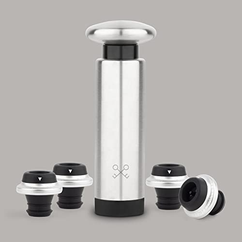 LES PETITS CHAMPS WOM440 Manuelle Vakuumpumpe, Aufbewahrung von Wein bis zu 7 Tage, Körper aus Edelstahl, Zubehör mit 4 Weinverschlüssen