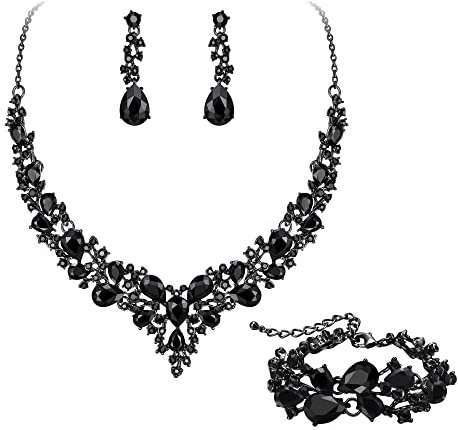 EVER FAITH Juegos de Joyas Mujer Cristal Austriaco de la Lágrima Cluster Declaración Collar Pendientes Enlace Pulsera Conjunto Boda Joyería de Novia Negro Tono