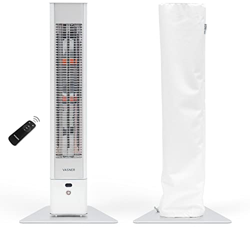 VASNER HeatTower weiß + AirCape weiß – Infrarot Standheizstrahler 2500 Watt mit Abdeckhaube, Heizstrahler Terrasse, 4 Heizstufen, Fernbedienung, Terrassenstrahler elektrisch, IP65 Outdoor Schutz