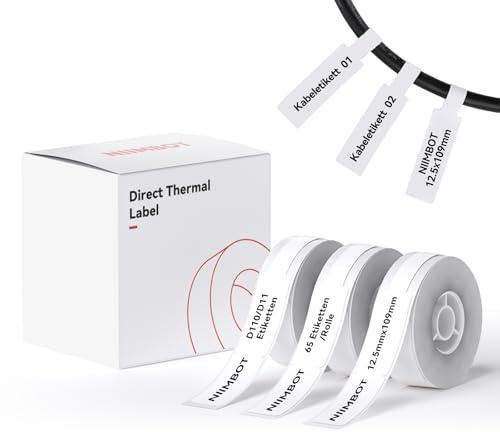 NIIMBOT Thermo Kabeletiketten, 12.5 x 109mm Etikettendrucker Thermo Papier Kompatibel mit dem D110 D11 D101 H1S Etikettendrucker, 65 Etiketten/Rolle (3-Rollen-Pack) (Weiß)