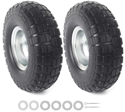 2 Pack 4.10/3.50-4 Pneumatic Wheels, 10 Heavy Duty Tire Wheels Flat Free with 5/8 Bearings for Wheelbarrows, Hand Trucks, Garden Carts (Silver)