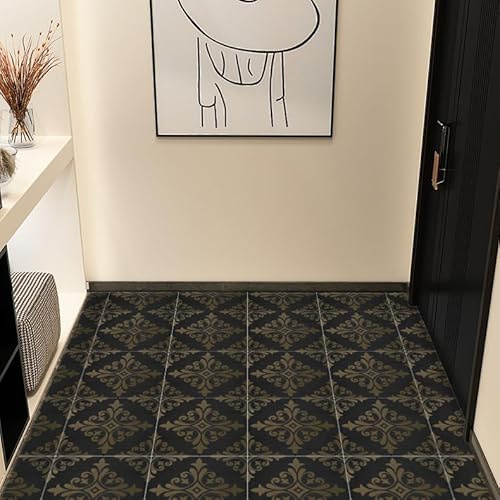 Alwayspon Vinyl Flooring, Gold Black Self Adhesive Stick on Floor Tiles Transfer for Bathroom Kitchen, Splashback, Peel and Stick Vinyl Flooring Tiles Sticker, 24PcsX20cm/8inch
