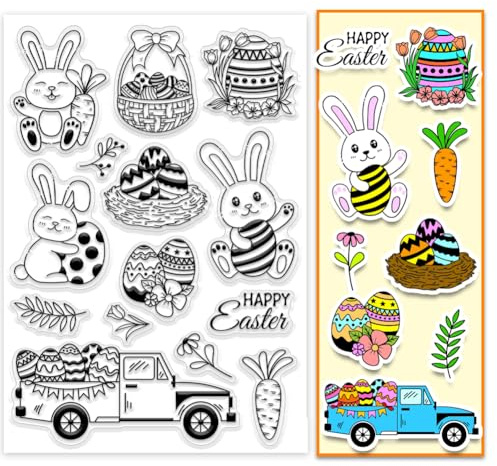 PH PandaHall Frohe Ostern Silikon Stempel Cartoon Kaninchen Clear Stempel Niedliche Eier Karotte Silikonstempel Transparenter Gummistempel für Ostern Einladungskarten, Geschenkanhänger, Paper Crafting
