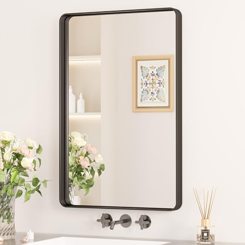 Keonjinn Black Rectangular Bathroom Mirror 50x75cm, Wall Mirror Aluminium Metal Frame HD Glass Vanity Mirror for Bedroom Living Room Entryway Home Decor
