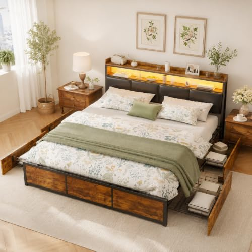 PerGar LED Metallbett 180x200 cm, Bettgestell mit 4 Schubladen & Stauraum | Modernes Doppelbett Vintage Holz & Schwarz, Funktionsbett mit LED-Kopfteil-Ablage, Stabiles Industriedesign Ehebett PU-Leder