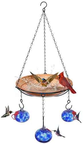 Wind Chimes Hanging Bird Feeders for Outdoors ＆ Bird Bath ＆ Hummingbird Feeders for Outdoors 3-in-1,Hand Blown Glass Hummingbird Feeder Balls,Detachable Feeder ＆ BirdBath(11in)(Phoenix Tail Blue)