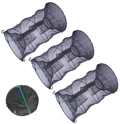 Casenly 3 Stück Köderfischreuse, 30x60cm Faltbare Köder Fischreuse Krabbenfalle, Fischreuse Flusskrebs Falle mit Futtertasche/Öffnung, Reusen für Fischfang zum Krabben Garnelen Hummer Aalreuse