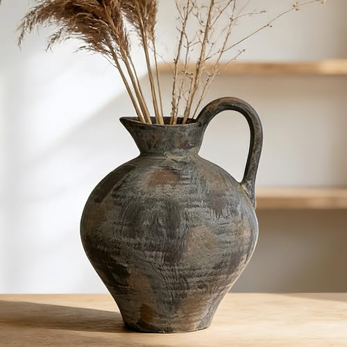 Duoqulou Rustic Ceramic Brown Vase with Handle,Antique 8.9 Inches Terracotta Vase for Home Decor,Living Room, Entryway,Farmhouse,Wedding and Thanksgiving Gift