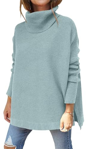 Hormtaer tröja damer vinter polotröja varm överdimensionerad stickad tröja polotröja stickad tröja grovstickad tröja sport sweatshirt casual lösa långärmade toppar, Ljusblå, XL