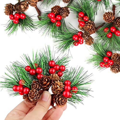 20 Stück Künstliche Tannenzweige, Weihnachten Tannenzapfen Zweige Deko, Tannenzweige Künstlich wie Echt, Weihnachtsdeko für Baumschmuck Weihnachtsblumen Kränze Dekoration