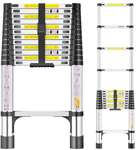 Échelle Télescopique 3,8m en Acier Inoxydable, Échelle Extensible avec Pieds Antidérapants, Échelle Portable à Hauteur Réglable pour Grenier, Toiture, Camping-Car, Décoration et Entretien