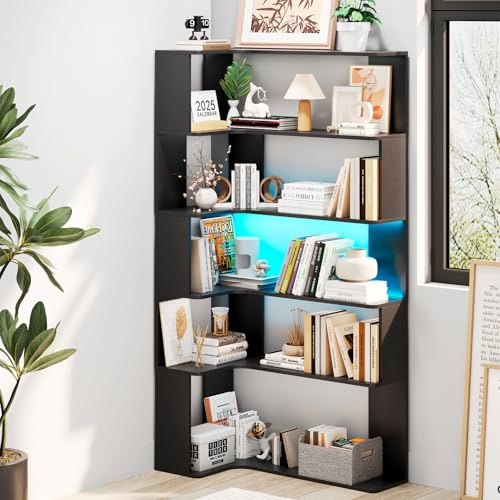 ChromaCasa 5-Tier Corner Bookcase, Tall L Shaped Corner Bookshelf with RGB LED Strip, Tall Bookshelves Open Storage Display Cabinets for Living Rooms Bedrooms Offices, Modern Black 90 x 48 x 169 cm