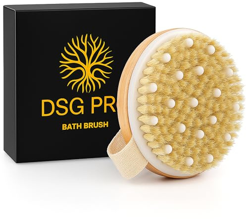 DSG PRO Body Brush – Natural Boar Bristle & Grass Wood Exfoliating Bath & Dry Brush – Gentle Massage, Compact & Hand-Friendly Design for Smooth, Glowing Skin