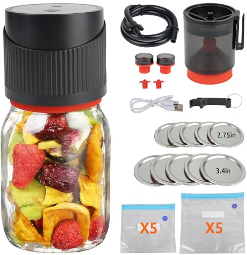 Machine Sous Vide pour Bocaux en Verre 4-en-1, Appareil Sous Vide Électrique avec Arrêt Automatique & Écran LED, 1200mAh – Incl. Couvercles, Sachets, Pompe à Vin et Accessoires
