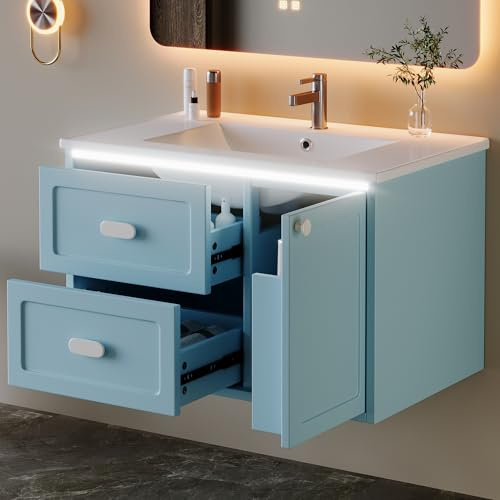 Lcoho Armadietto da bagno, 76 x 46 x 51 cm, completamente laccato, illuminazione a LED, due cassetti, guide scorrevoli, lavabo integrato, blu