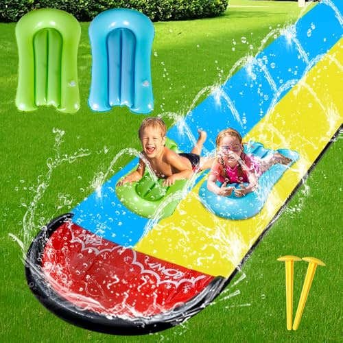 DAJASD Wasserrutsche Garten für Kinder, 6.1*1.4M Aufblasbare Wasserrutsche mit 2 Bodyboards, Doppelte Wasserrutsche mit Eingebautem Sprinkler, Wasserspielzeug für Kinder Erwachsene Outdoor - Blau+Gelb