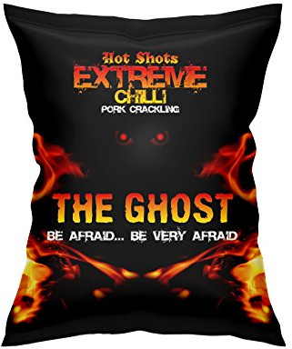 Ghost Extreme Chilli Pork Scratchings 35g x 12 Pub Hanging Card - These Black Country double cooked pork scratchings offer a more lighter softer bite but same great taste.