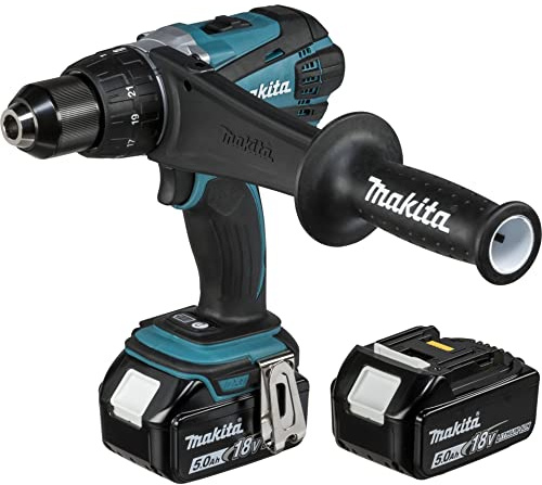 Makita Akku-Bohrschrauber, (18 V/5,0 Ah, 2 Akkus und Ladegerät im Makpac), DDF458RTJ Schwarz, Blau