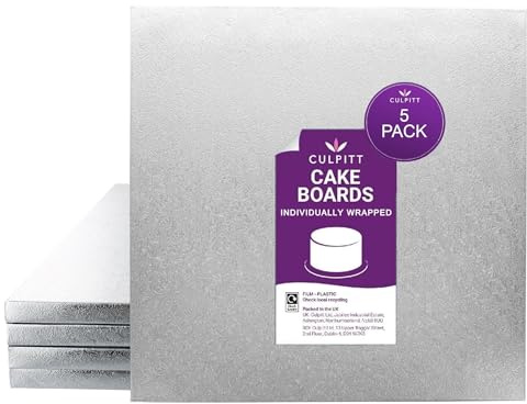 Culpitt 10 (25.5cm) Square Silver Cake Boards - 5 Pack | 25.5 x 25.5cm, 12mm Thick, Fits 8 Sponge Or 7 Fruit Cake, Individually Wrapped, Reusable