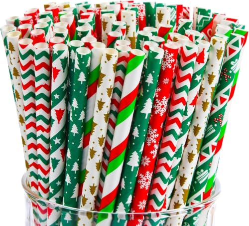 ALINK 200 Christmas Paper Straws, 8 Styles Red Green White Gold Biodegradable Party Drinking Straws with Stripe, Wave, Christmas Tree Snowflake Design Decorations Supplies